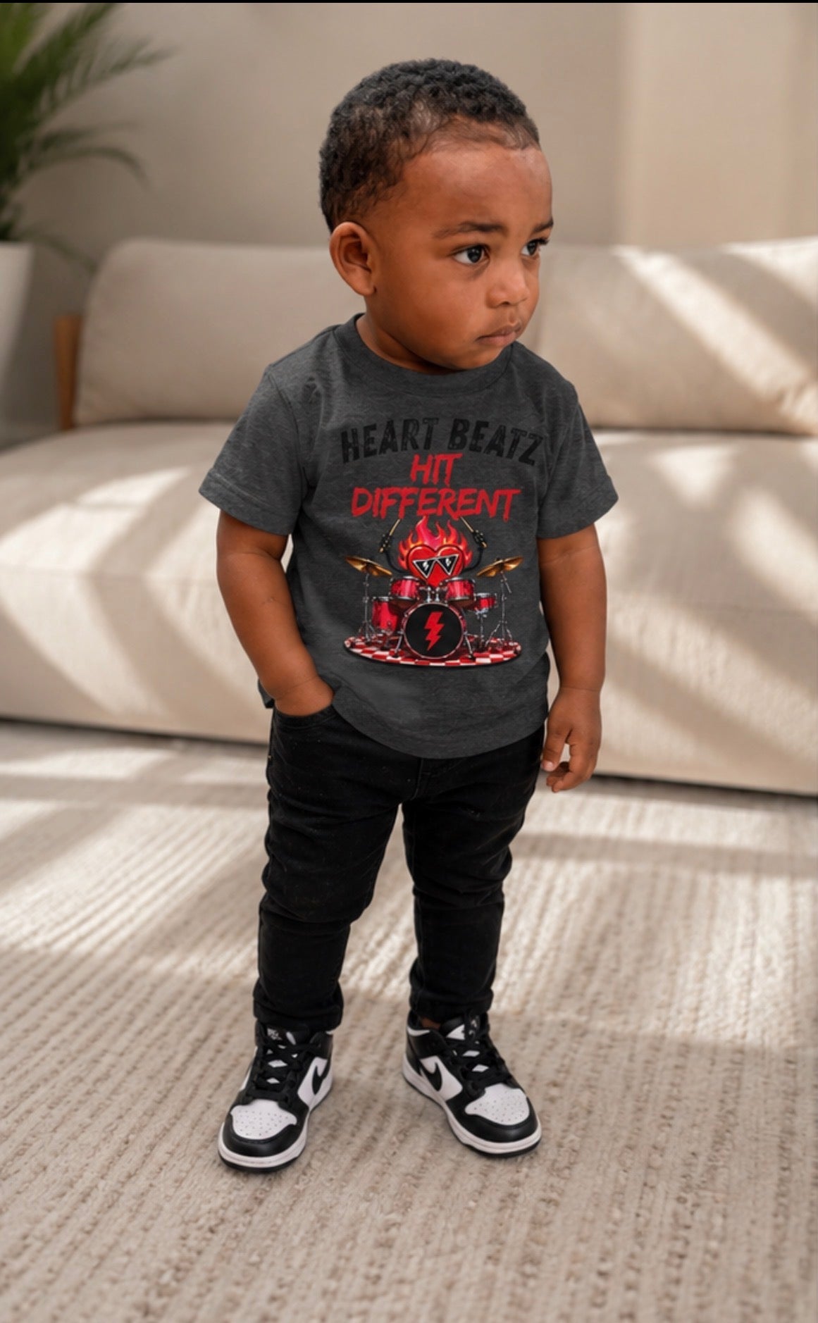 Toddler Tee — "Heart Beatz Hit Different" Cute Drummer Kid Graphic Shirt