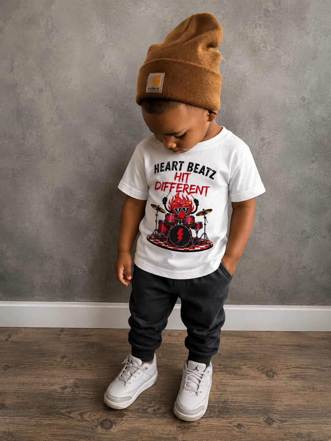 Toddler Tee — "Heart Beatz Hit Different" Cute Drummer Kid Graphic Shirt