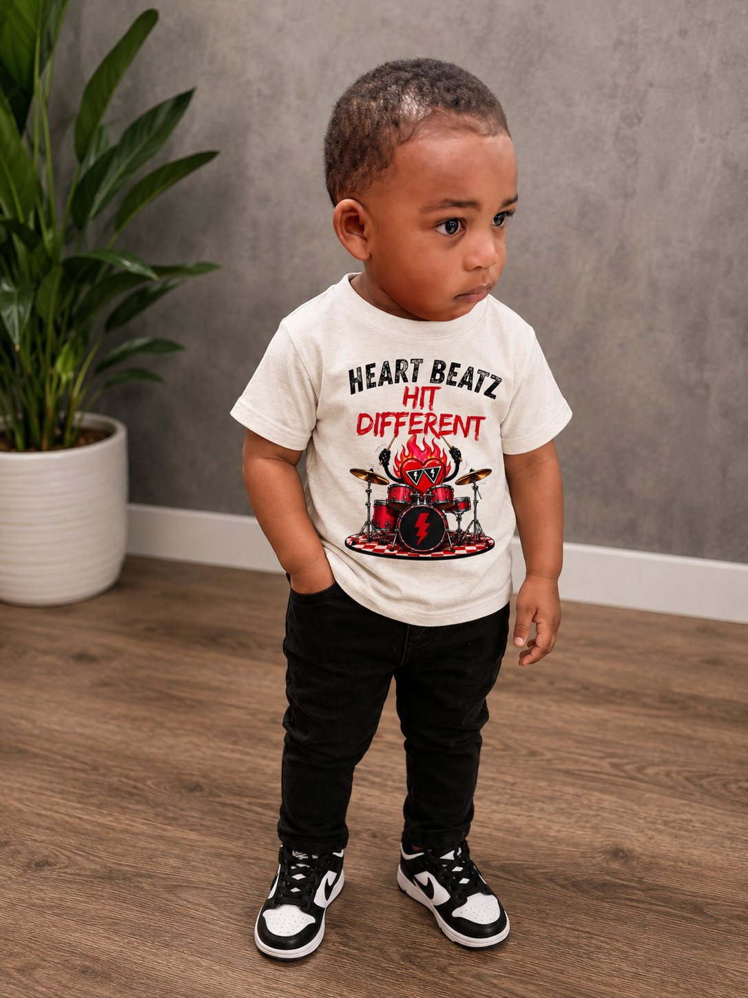Toddler Tee — "Heart Beatz Hit Different" Cute Drummer Kid Graphic Shirt
