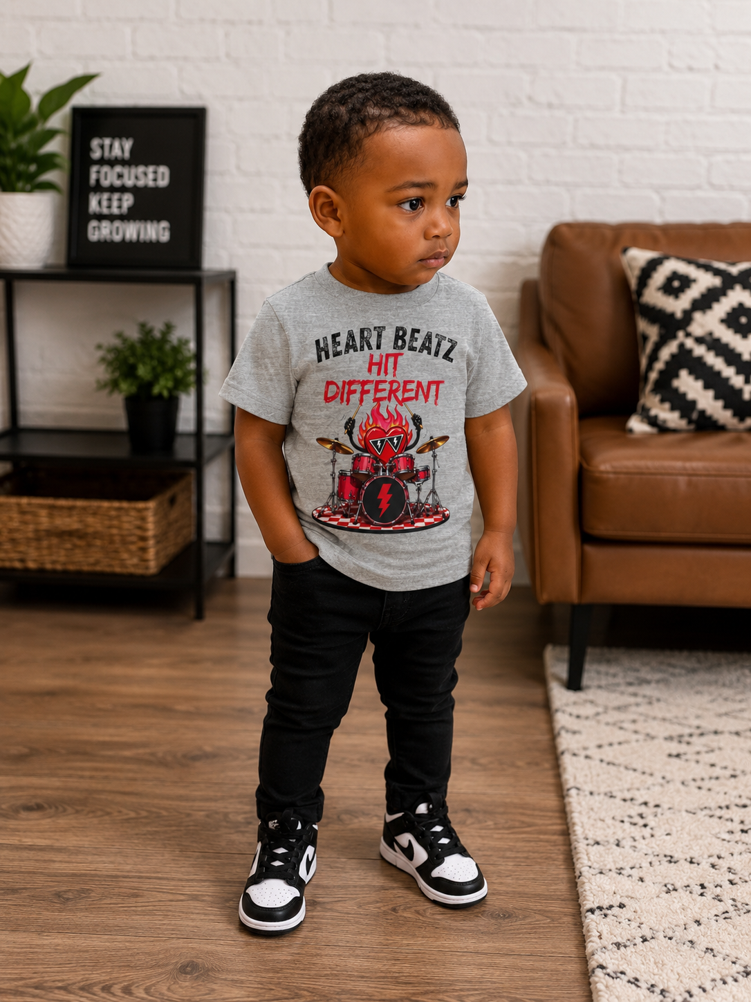 Toddler Tee — "Heart Beatz Hit Different" Cute Drummer Kid Graphic Shirt
