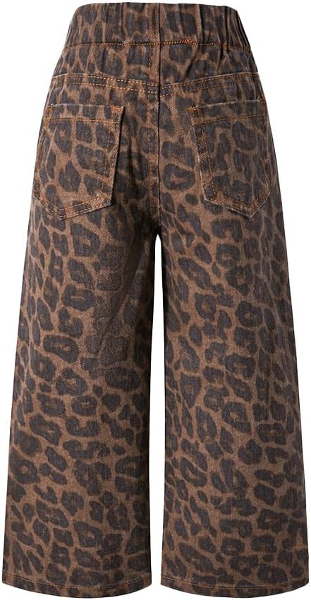 Nivne Tco Toddler Girls Baggy Jeans Trendy Leopard Print Casual Loose Drawstring Waist Wide Leg Denim Pants