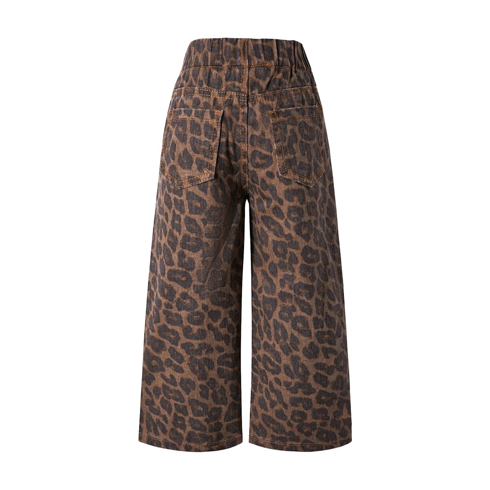Nivne Tco Toddler Girls Baggy Jeans Trendy Leopard Print Casual Loose Drawstring Waist Wide Leg Denim Pants