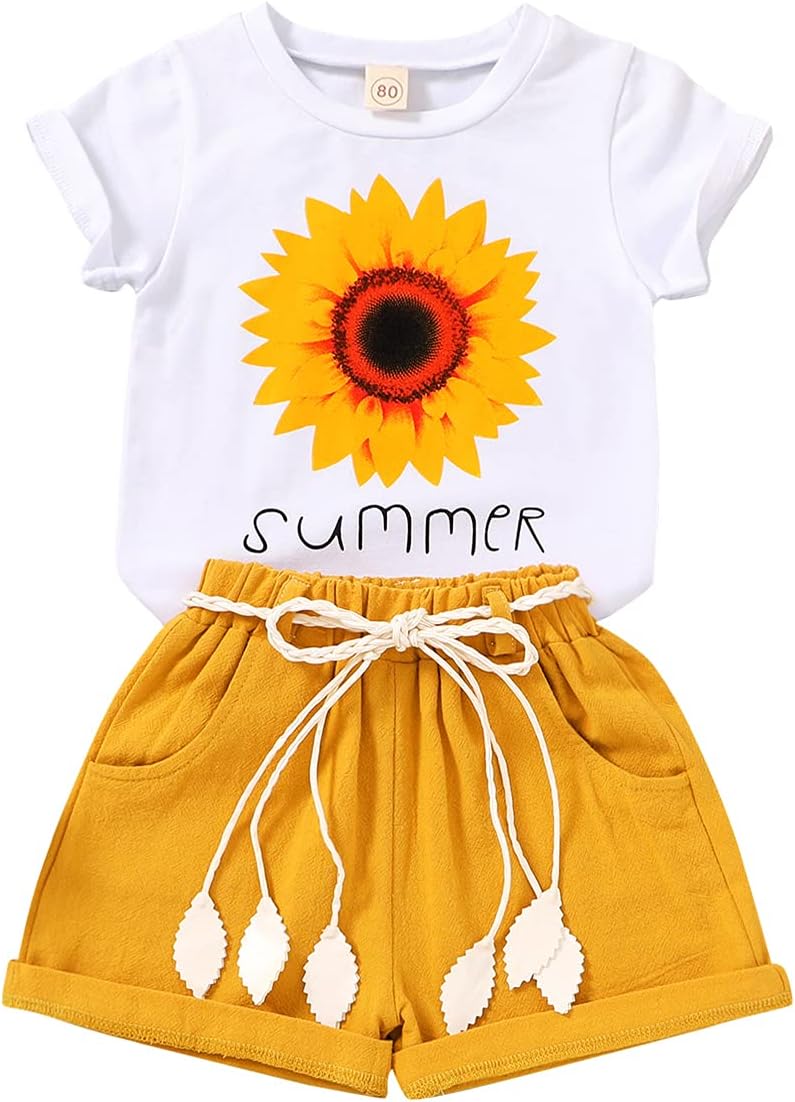 YOUNGER TREE Toddler Baby Girls Clothes Watermelon T-shirt + Linen Shorts with Belt Cute Summer Short Set
