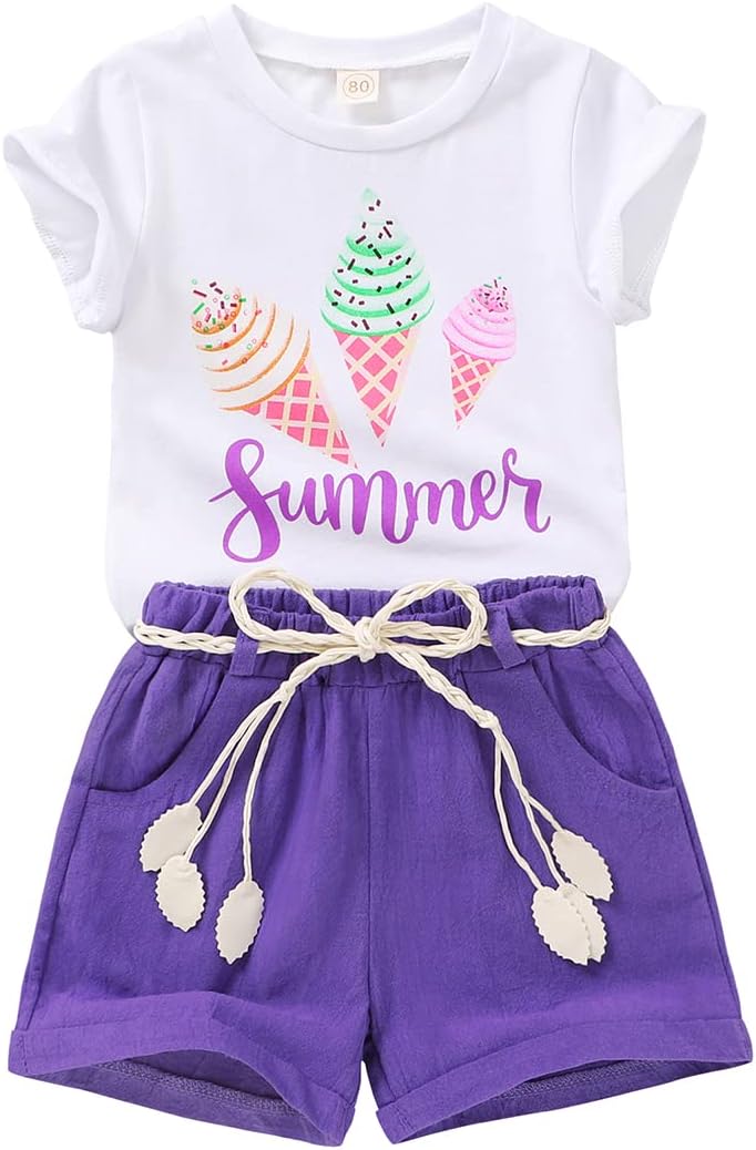 YOUNGER TREE Toddler Baby Girls Clothes Watermelon T-shirt + Linen Shorts with Belt Cute Summer Short Set