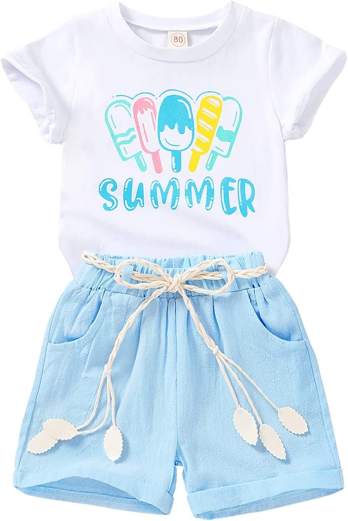 YOUNGER TREE Toddler Baby Girls Clothes Watermelon T-shirt + Linen Shorts with Belt Cute Summer Short Set