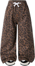 Nivne Tco Toddler Girls Baggy Jeans Trendy Leopard Print Casual Loose Drawstring Waist Wide Leg Denim Pants