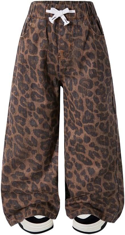 Nivne Tco Toddler Girls Baggy Jeans Trendy Leopard Print Casual Loose Drawstring Waist Wide Leg Denim Pants