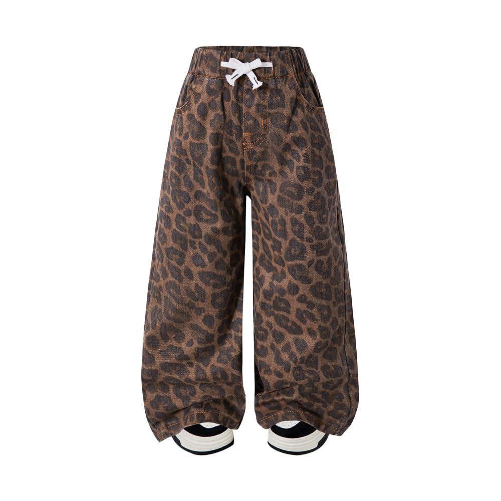 Nivne Tco Toddler Girls Baggy Jeans Trendy Leopard Print Casual Loose Drawstring Waist Wide Leg Denim Pants