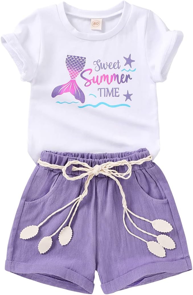 YOUNGER TREE Toddler Baby Girls Clothes Watermelon T-shirt + Linen Shorts with Belt Cute Summer Short Set