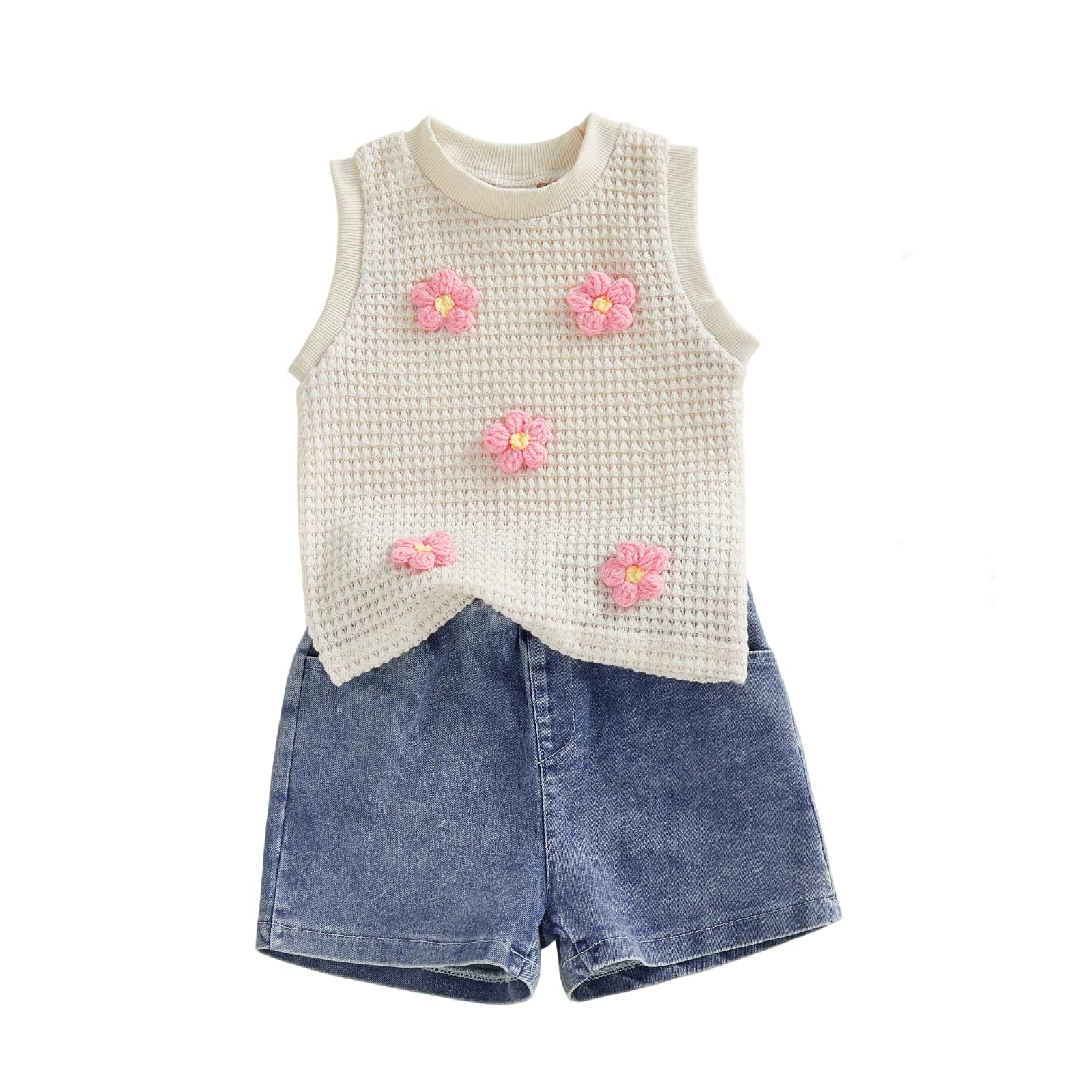 YINGISFITM Toddler Girl Clothes Baby Summer Waffle Knit Tank Top Sleeveless Shirt Jeans Shorts Floral Outfit Girls Clothing