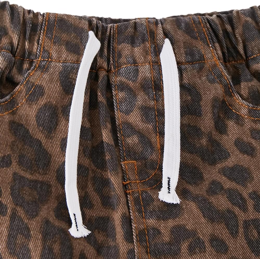 Nivne Tco Toddler Girls Baggy Jeans Trendy Leopard Print Casual Loose Drawstring Waist Wide Leg Denim Pants