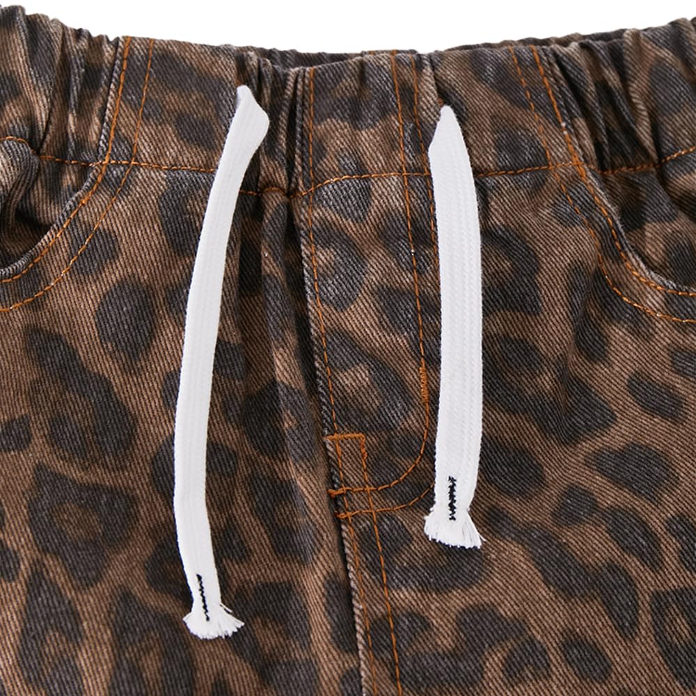 Nivne Tco Toddler Girls Baggy Jeans Trendy Leopard Print Casual Loose Drawstring Waist Wide Leg Denim Pants