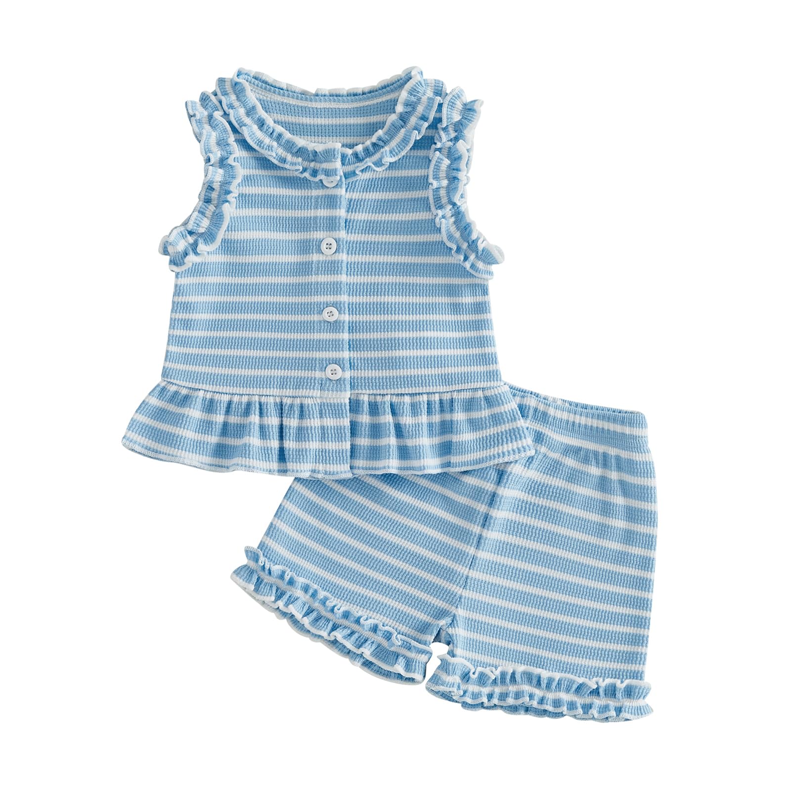 WZTYYDS Toddler Baby Girl Clothes Summer Sleeveless Ruffle Tops Buttons Shirt Shorts Set Waffle Knit Striped Outfit