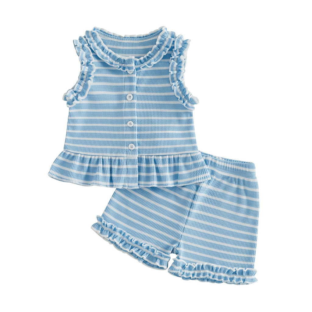 WZTYYDS Toddler Baby Girl Clothes Summer Sleeveless Ruffle Tops Buttons Shirt Shorts Set Waffle Knit Striped Outfit