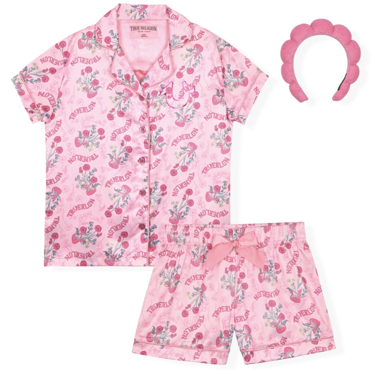 True Religion Girls Pajama Short Sets for Kids Button Front Short Sleeve Shirt and Sleepwear Shorts in Sizes 3T to 16