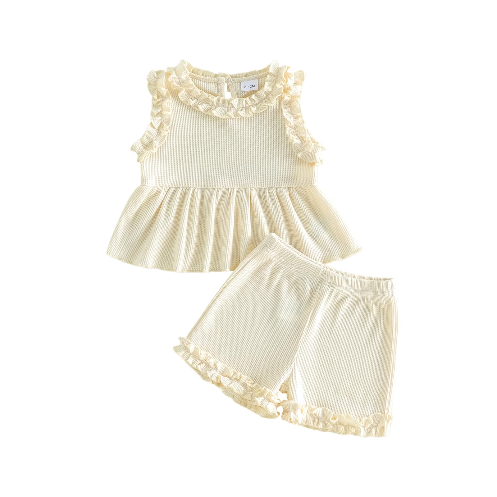 WZTYYDS Toddler Baby Girl Clothes Summer Sleeveless Ruffle Tops Buttons Shirt Shorts Set Waffle Knit Striped Outfit