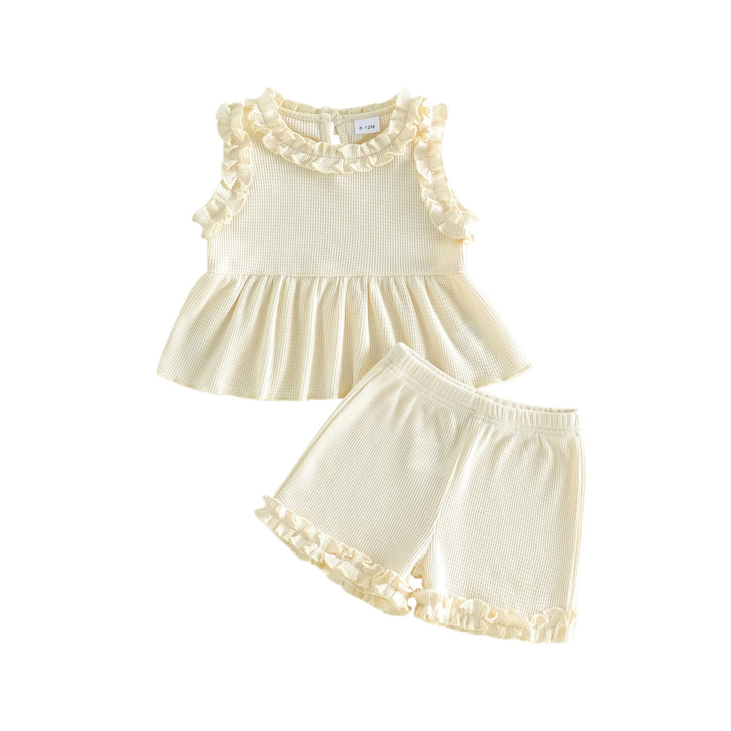 WZTYYDS Toddler Baby Girl Clothes Summer Sleeveless Ruffle Tops Buttons Shirt Shorts Set Waffle Knit Striped Outfit