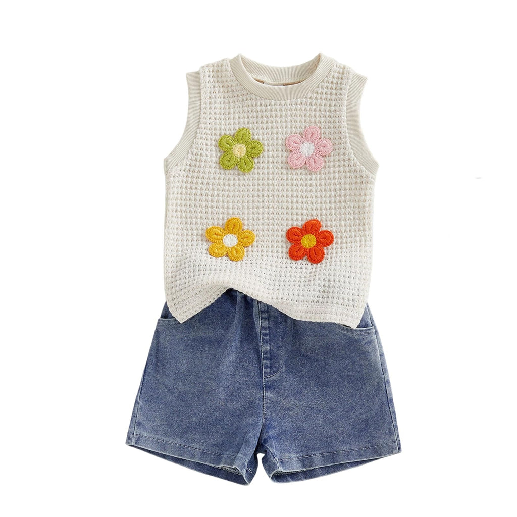 YINGISFITM Toddler Girl Clothes Baby Summer Waffle Knit Tank Top Sleeveless Shirt Jeans Shorts Floral Outfit Girls Clothing