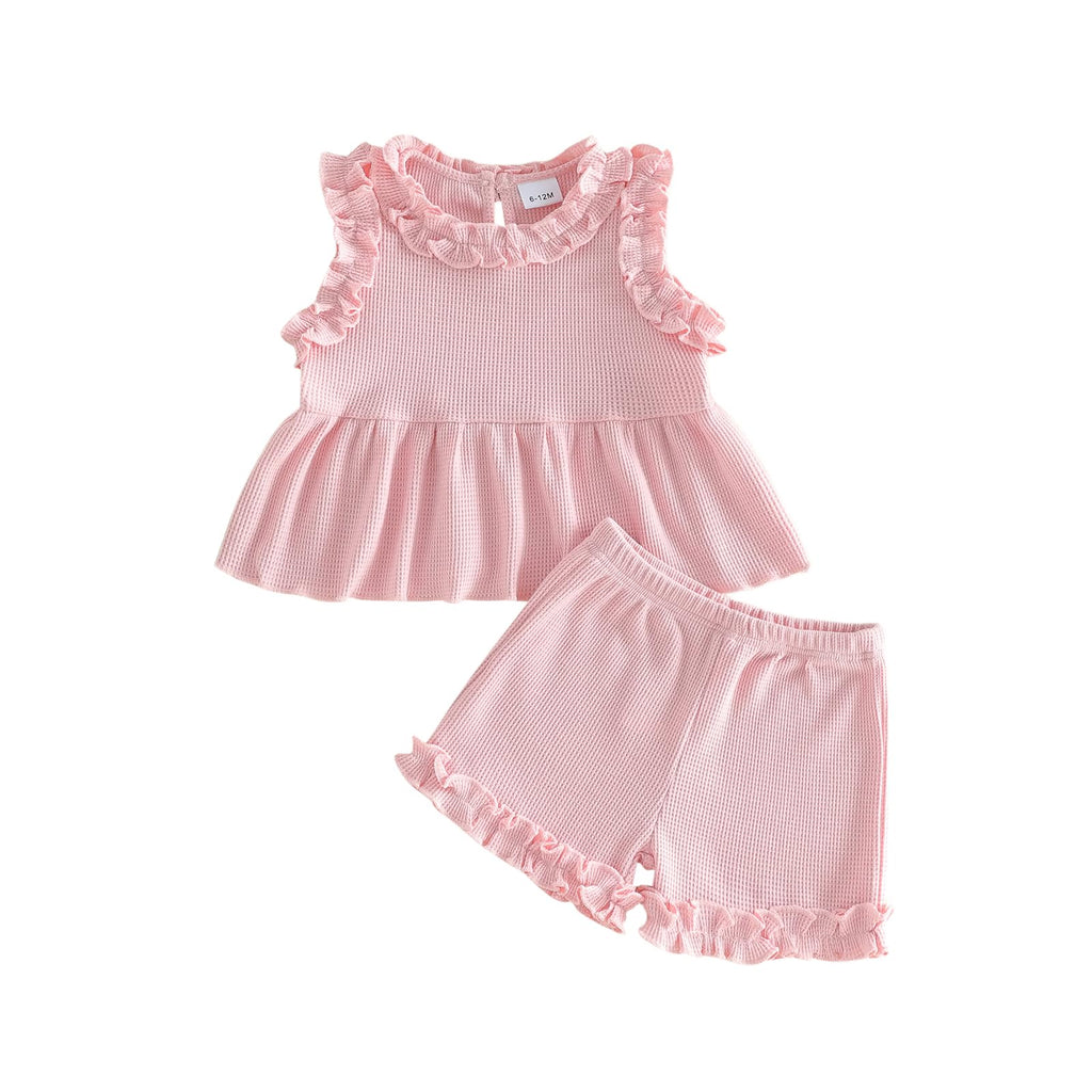 WZTYYDS Toddler Baby Girl Clothes Summer Sleeveless Ruffle Tops Buttons Shirt Shorts Set Waffle Knit Striped Outfit