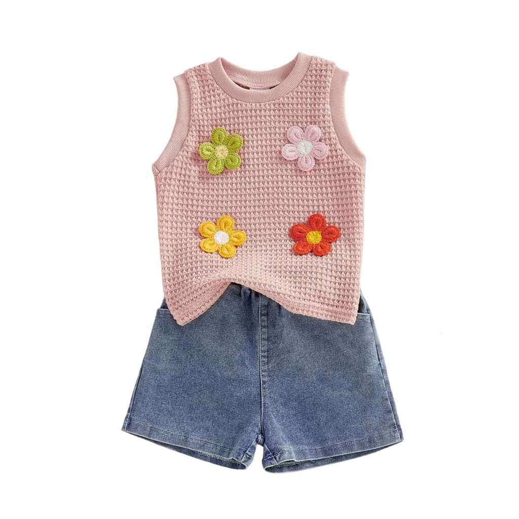 YINGISFITM Toddler Girl Clothes Baby Summer Waffle Knit Tank Top Sleeveless Shirt Jeans Shorts Floral Outfit Girls Clothing
