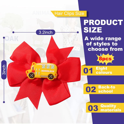 8Pcs Back to School Bow Hair Clips School Bus Pencil Hair Barrettes Grosgrain Ribbon Hair Bows Clip Cute Hair Accessories for Women Girls Welcome Back Party Supplies