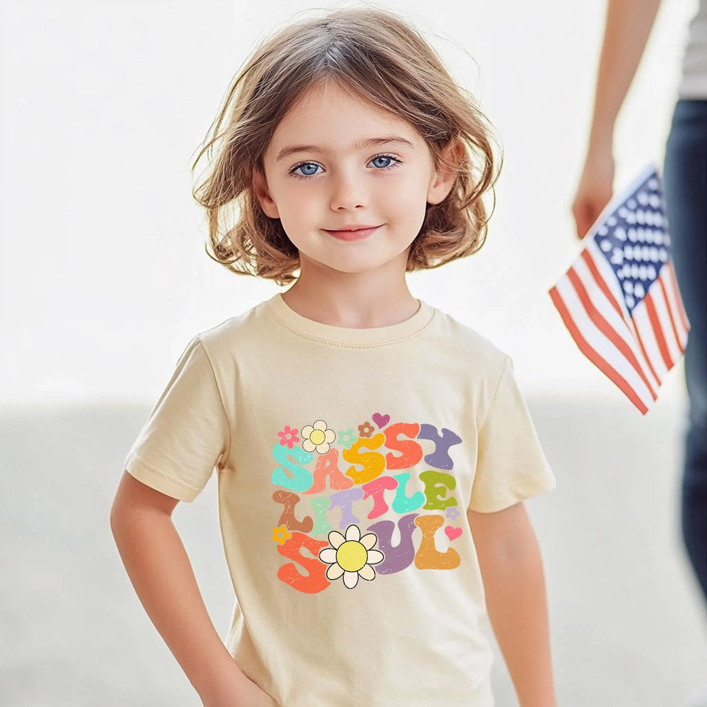 Toddler Girls T Shirts Sassy Little Soul Graphic Short Sleeve Shirts 2-7 Years Cotton Baby Girl Retro Daisy Tees Clothes