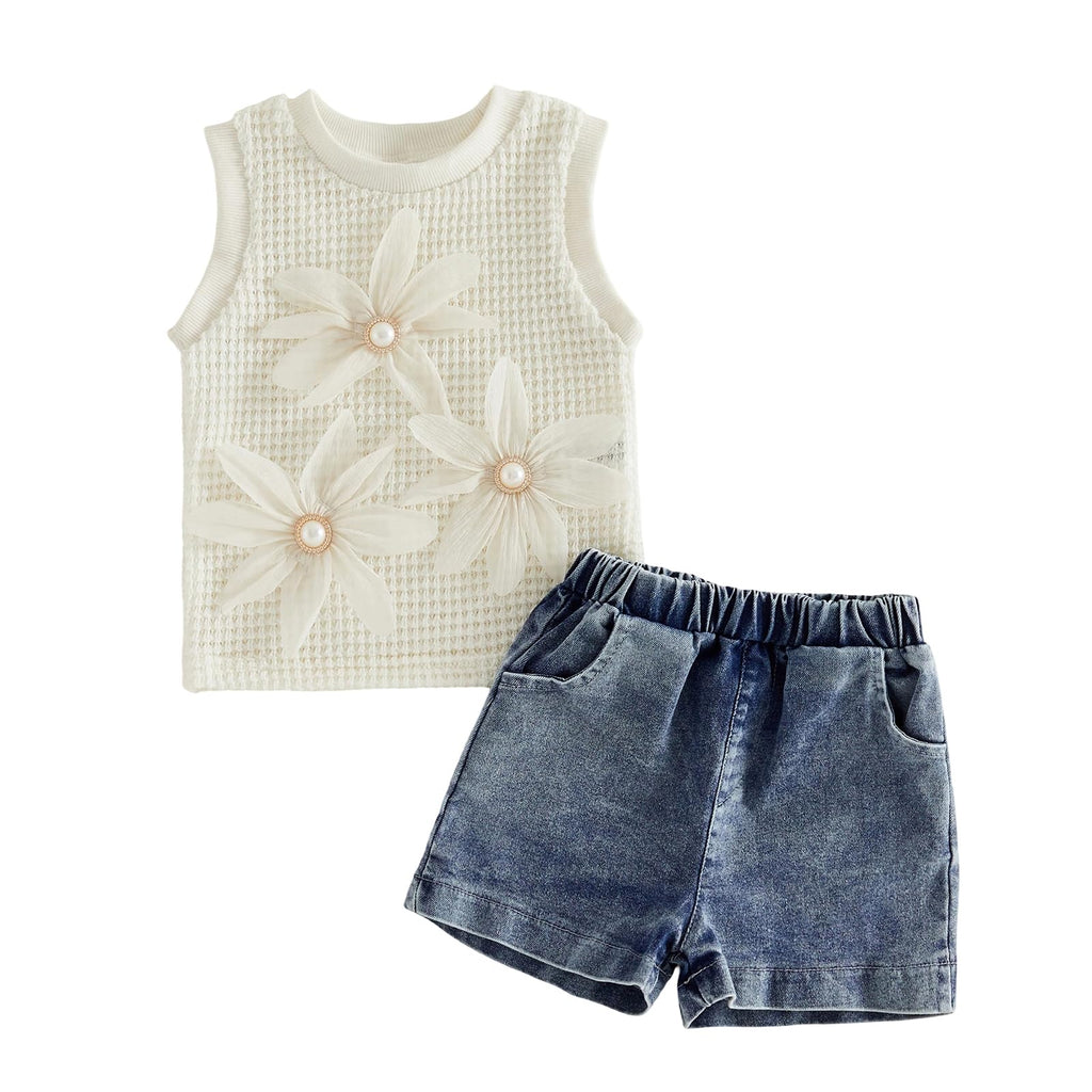 YINGISFITM Toddler Girl Clothes Baby Summer Waffle Knit Tank Top Sleeveless Shirt Jeans Shorts Floral Outfit Girls Clothing