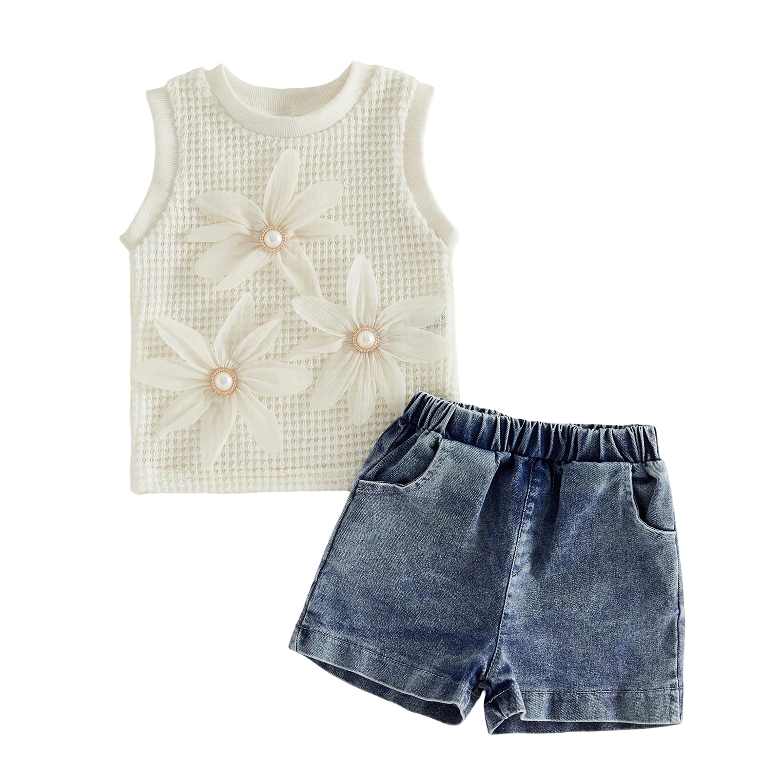 YINGISFITM Toddler Girl Clothes Baby Summer Waffle Knit Tank Top Sleeveless Shirt Jeans Shorts Floral Outfit Girls Clothing