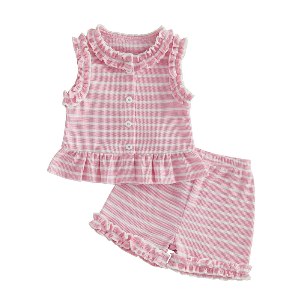 WZTYYDS Toddler Baby Girl Clothes Summer Sleeveless Ruffle Tops Buttons Shirt Shorts Set Waffle Knit Striped Outfit