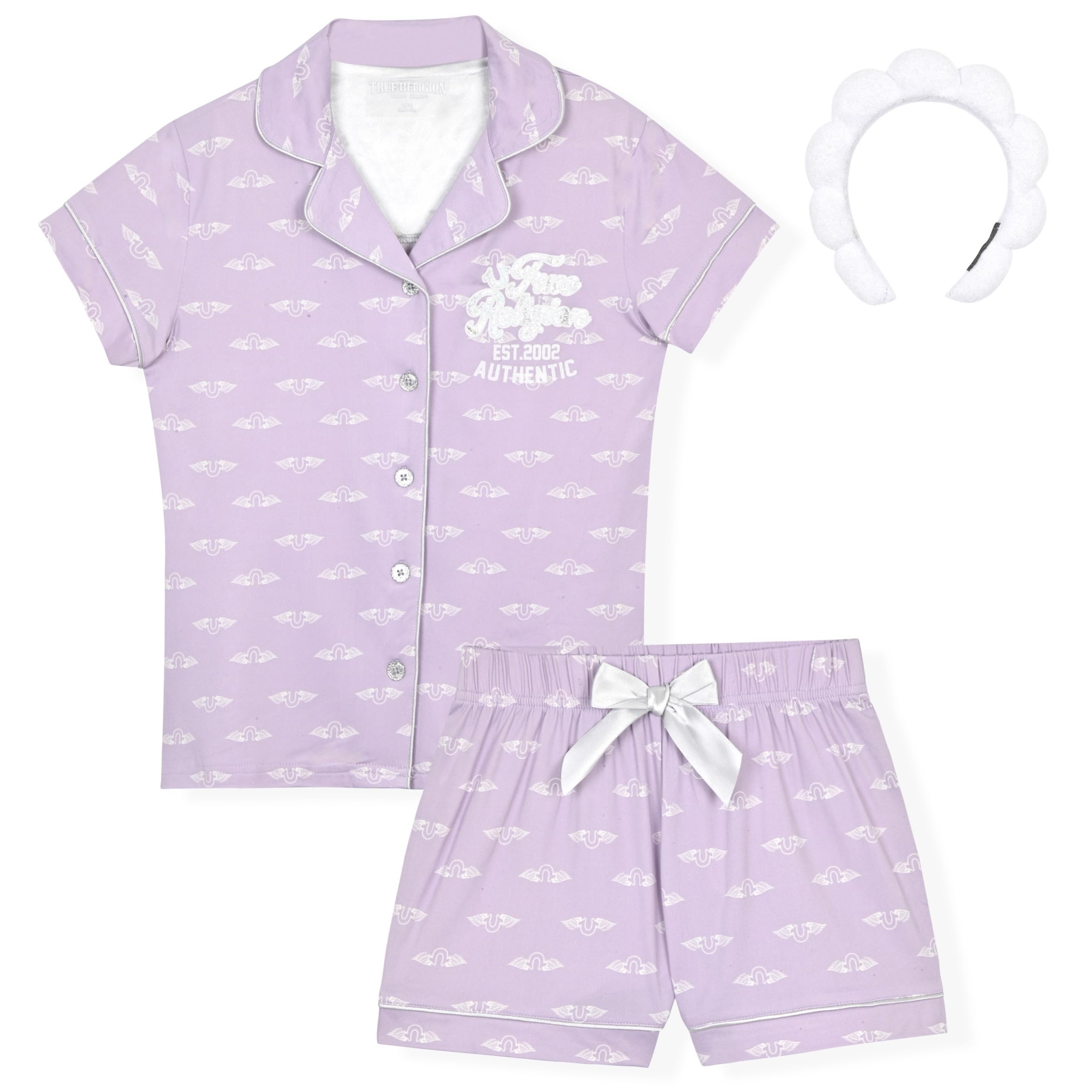 True Religion Girls Pajama Short Sets for Kids Button Front Short Sleeve Shirt and Sleepwear Shorts in Sizes 3T to 16