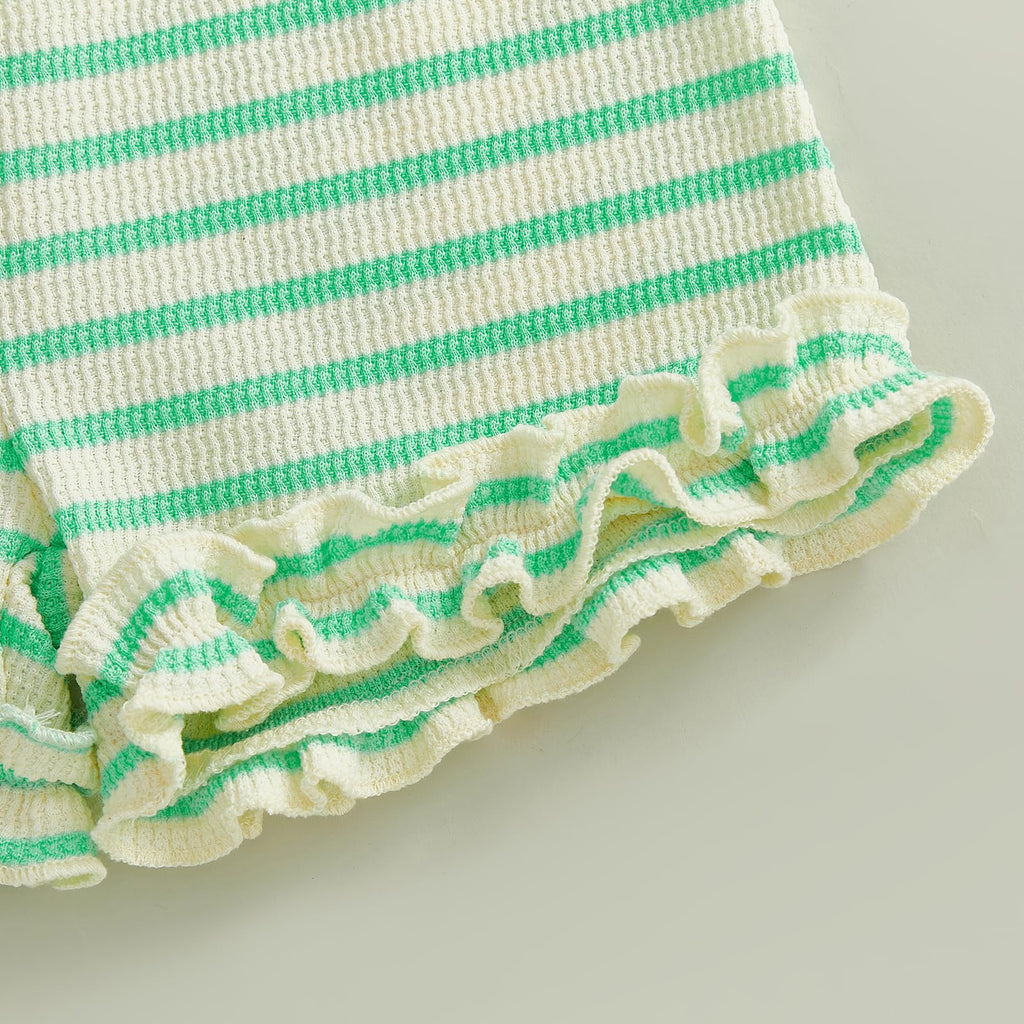 WZTYYDS Toddler Baby Girl Clothes Summer Sleeveless Ruffle Tops Buttons Shirt Shorts Set Waffle Knit Striped Outfit