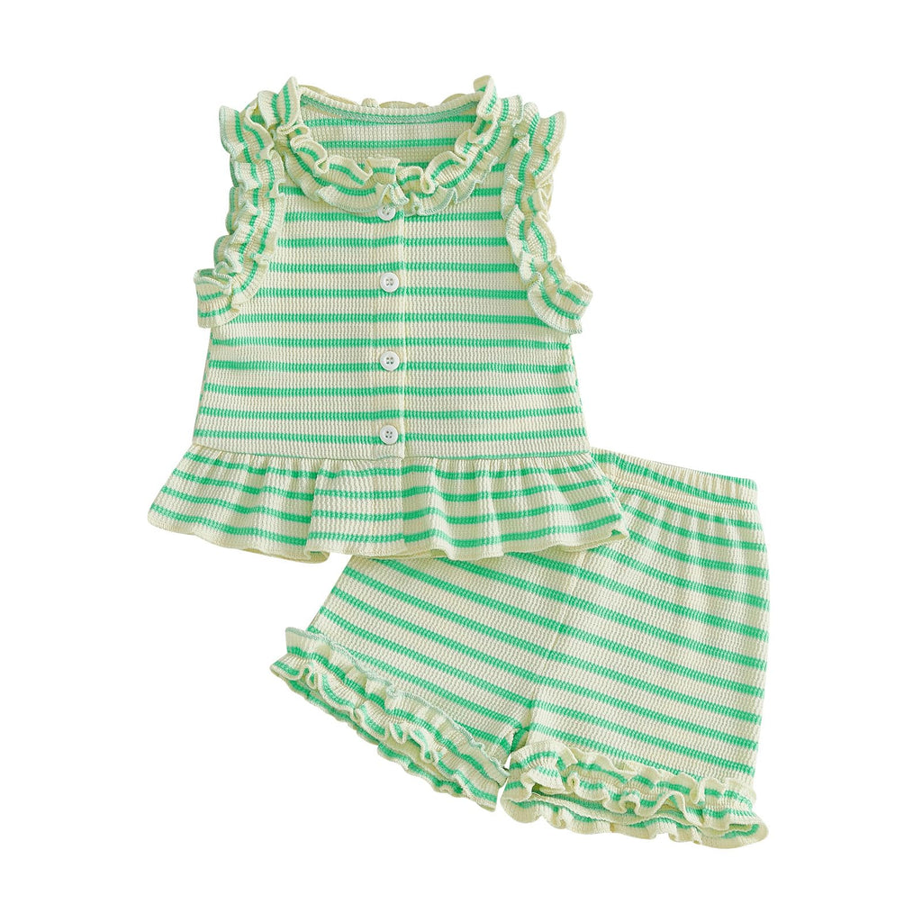 WZTYYDS Toddler Baby Girl Clothes Summer Sleeveless Ruffle Tops Buttons Shirt Shorts Set Waffle Knit Striped Outfit