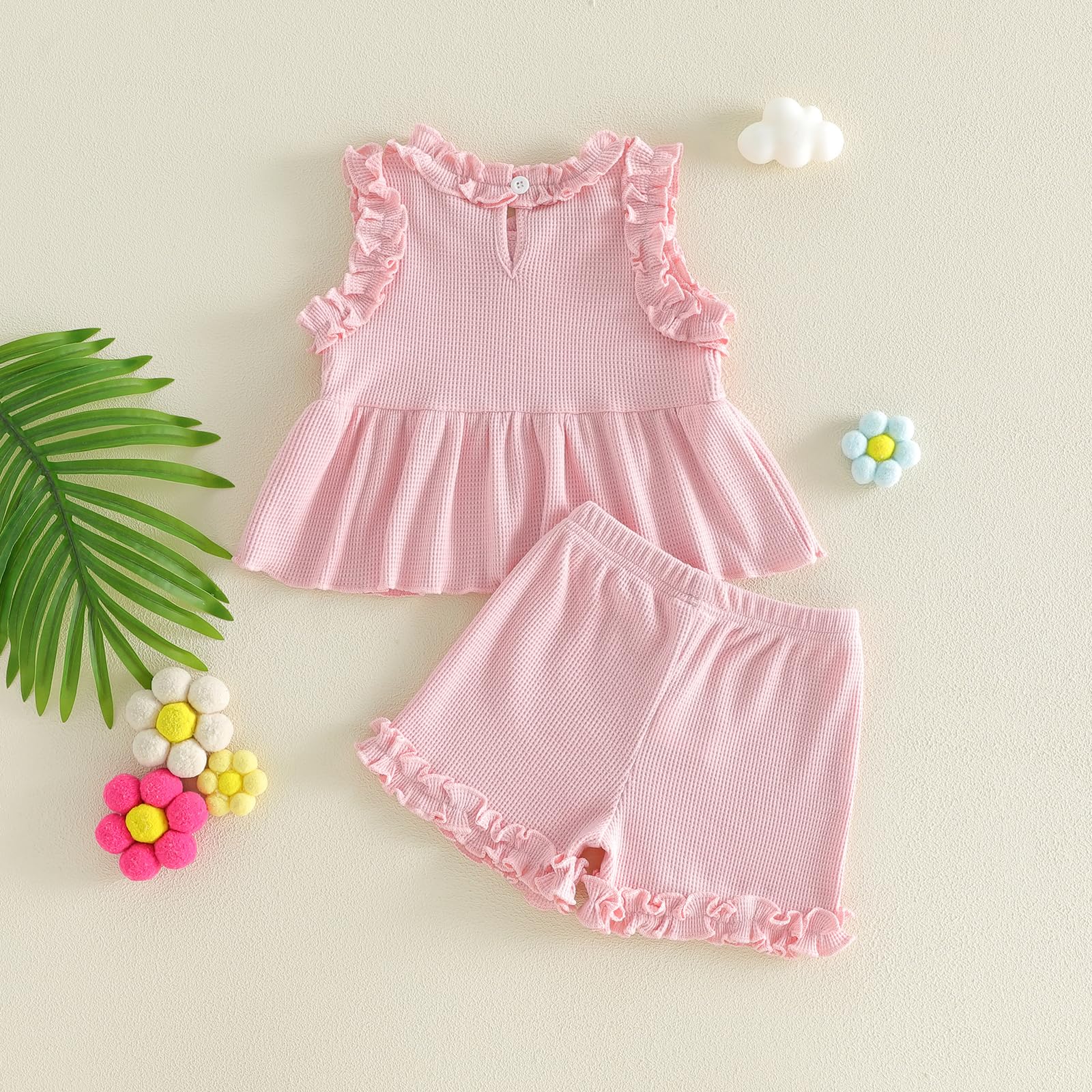WZTYYDS Toddler Baby Girl Clothes Summer Sleeveless Ruffle Tops Buttons Shirt Shorts Set Waffle Knit Striped Outfit