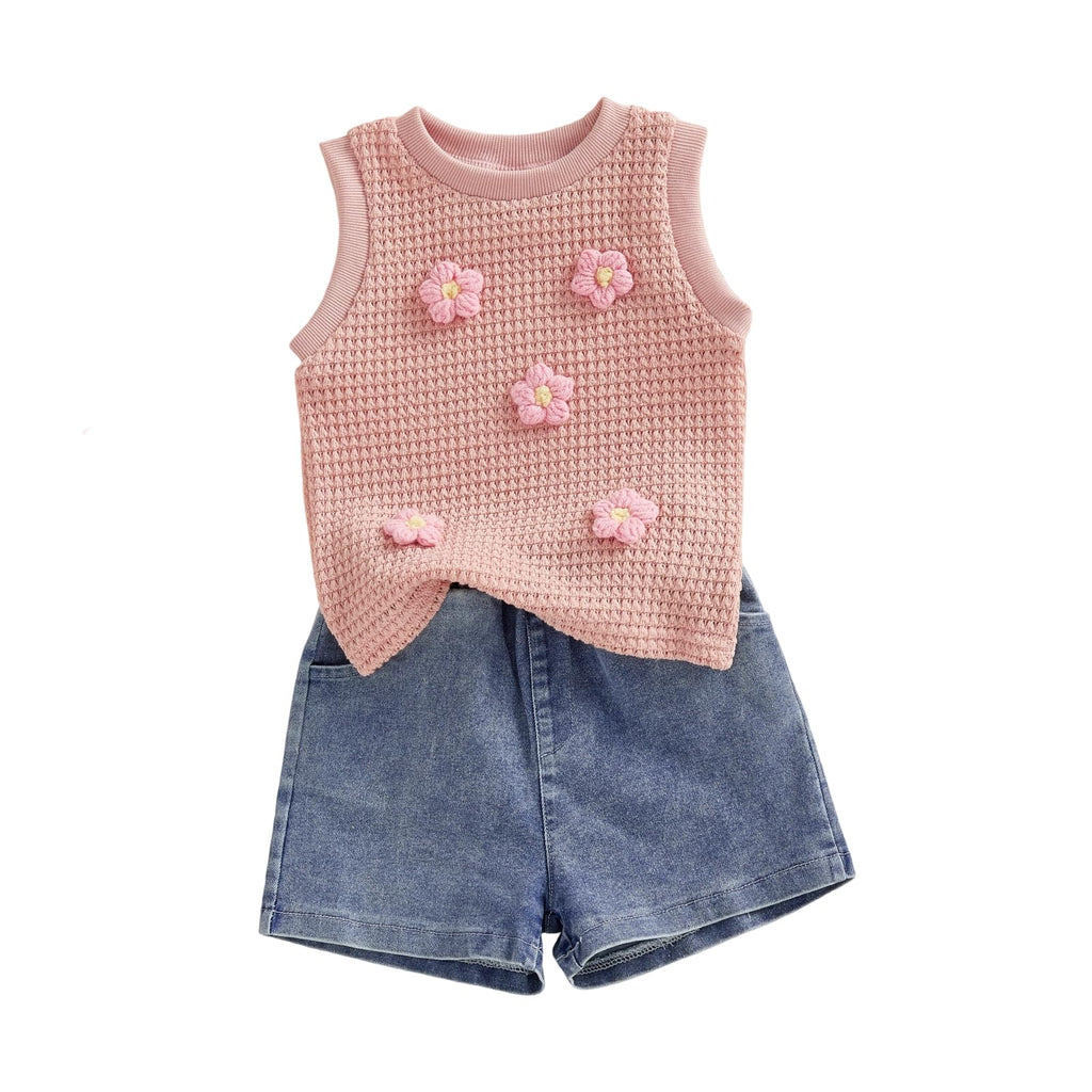 YINGISFITM Toddler Girl Clothes Baby Summer Waffle Knit Tank Top Sleeveless Shirt Jeans Shorts Floral Outfit Girls Clothing