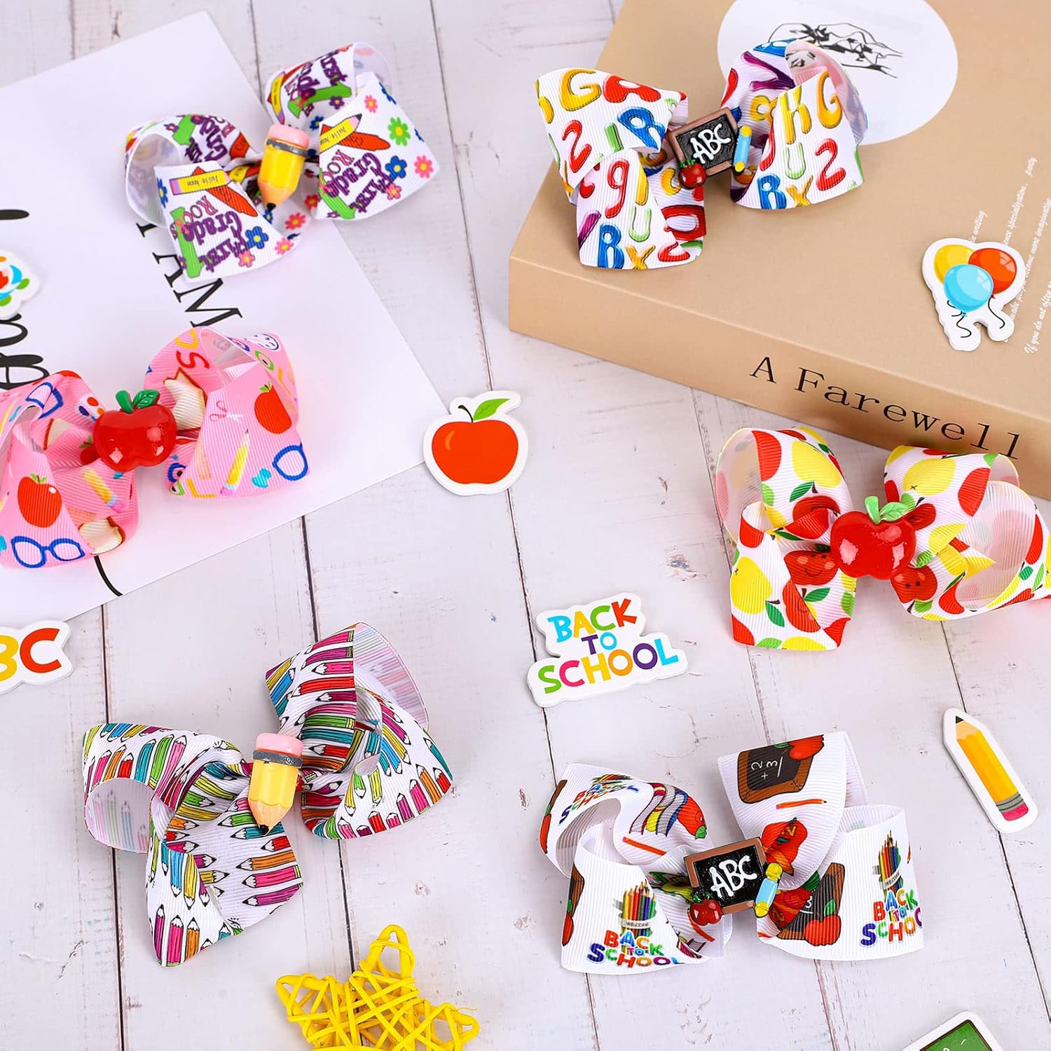 6Pcs Back to School Bow Hair Clips in Multi Color, Grosgrain Material, for Girls, Children, Teenagers, Hair Accessories
