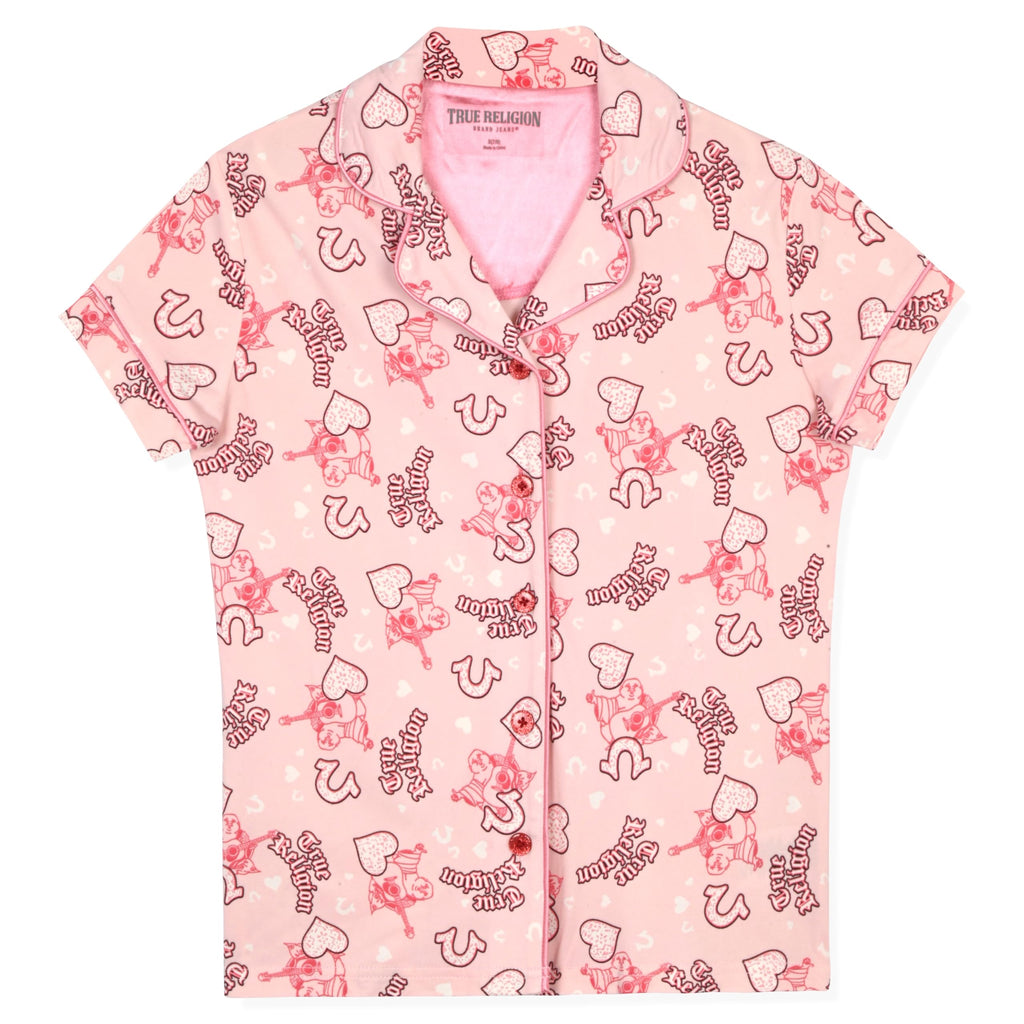 True Religion Girls Pajama Short Sets for Kids Button Front Short Sleeve Shirt and Sleepwear Shorts in Sizes 3T to 16