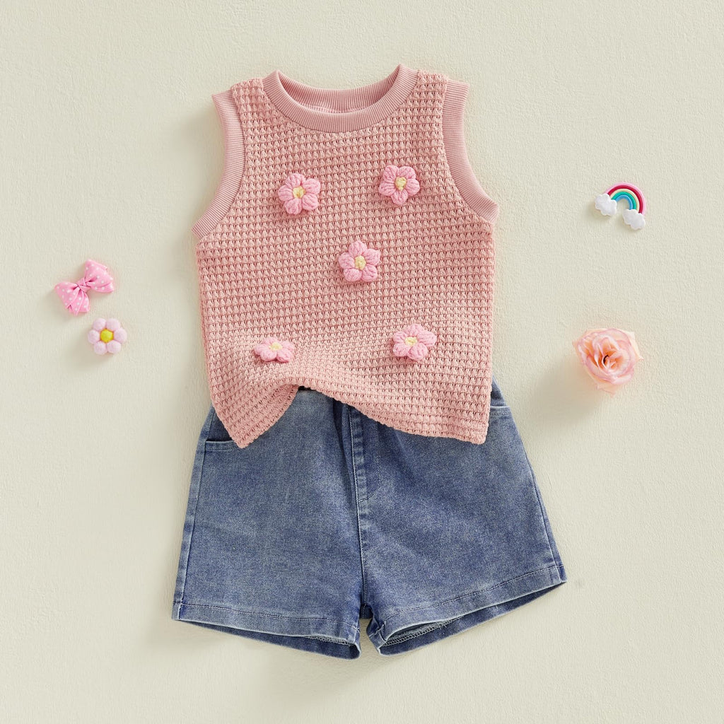 YINGISFITM Toddler Girl Clothes Baby Summer Waffle Knit Tank Top Sleeveless Shirt Jeans Shorts Floral Outfit Girls Clothing