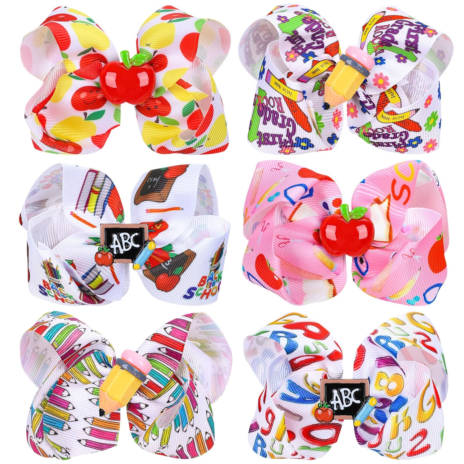 6Pcs Back to School Bow Hair Clips in Multi Color, Grosgrain Material, for Girls, Children, Teenagers, Hair Accessories