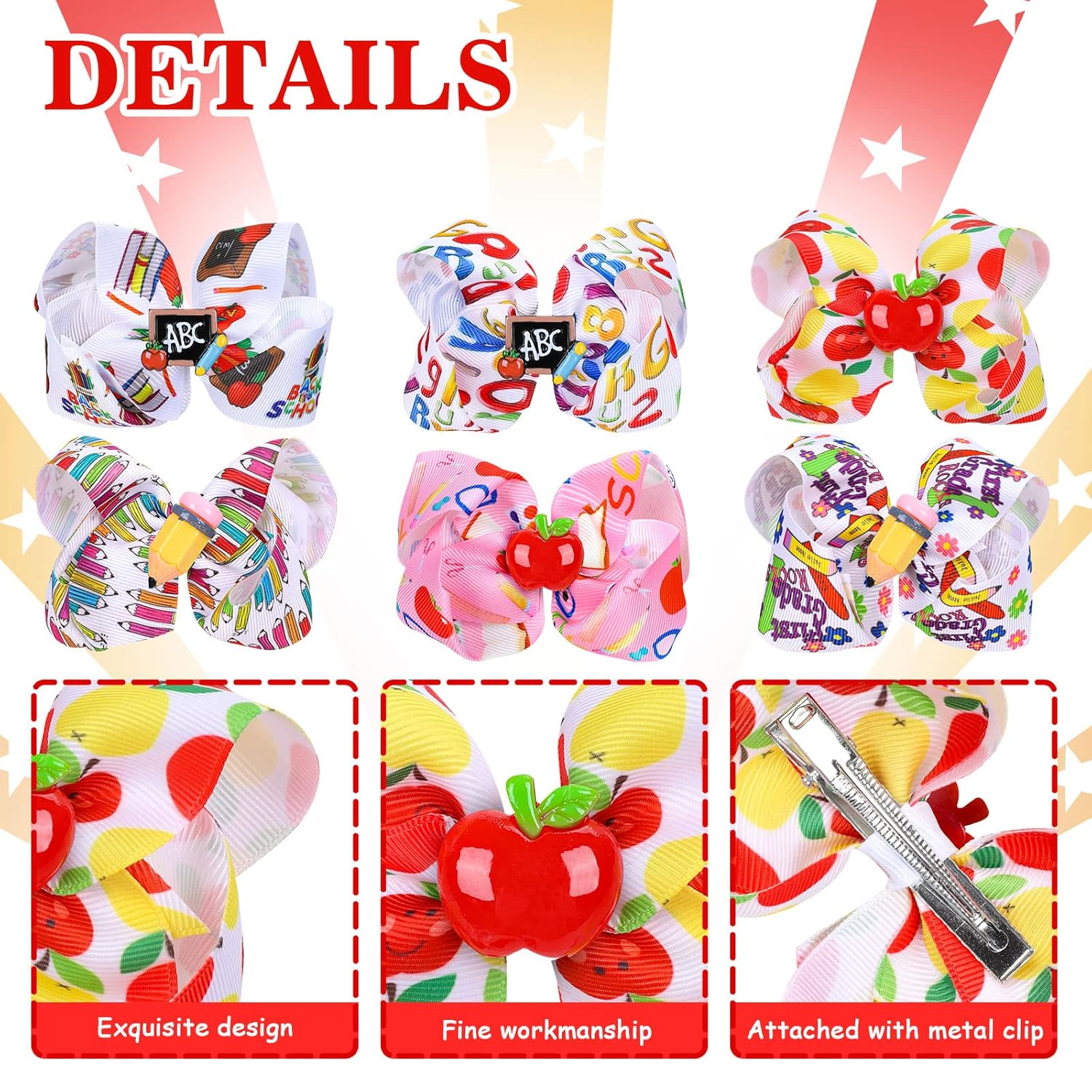6Pcs Back to School Bow Hair Clips in Multi Color, Grosgrain Material, for Girls, Children, Teenagers, Hair Accessories