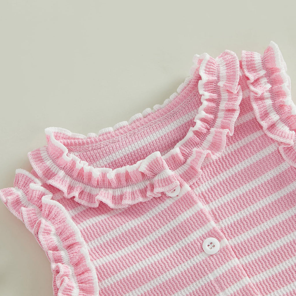 WZTYYDS Toddler Baby Girl Clothes Summer Sleeveless Ruffle Tops Buttons Shirt Shorts Set Waffle Knit Striped Outfit