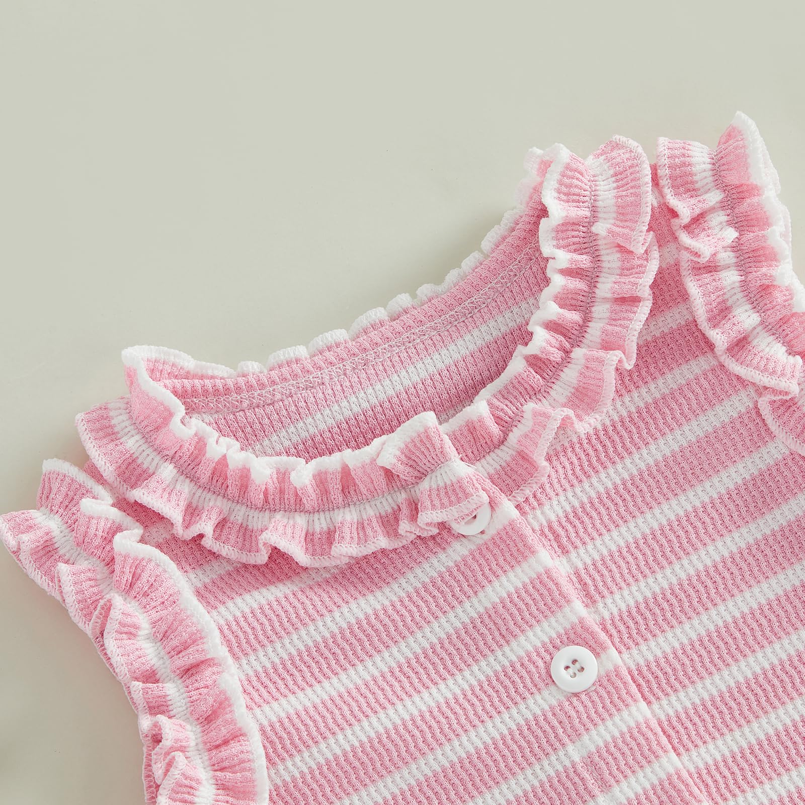 WZTYYDS Toddler Baby Girl Clothes Summer Sleeveless Ruffle Tops Buttons Shirt Shorts Set Waffle Knit Striped Outfit