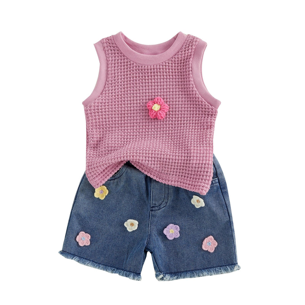 YINGISFITM Toddler Girl Clothes Baby Summer Waffle Knit Tank Top Sleeveless Shirt Jeans Shorts Floral Outfit Girls Clothing