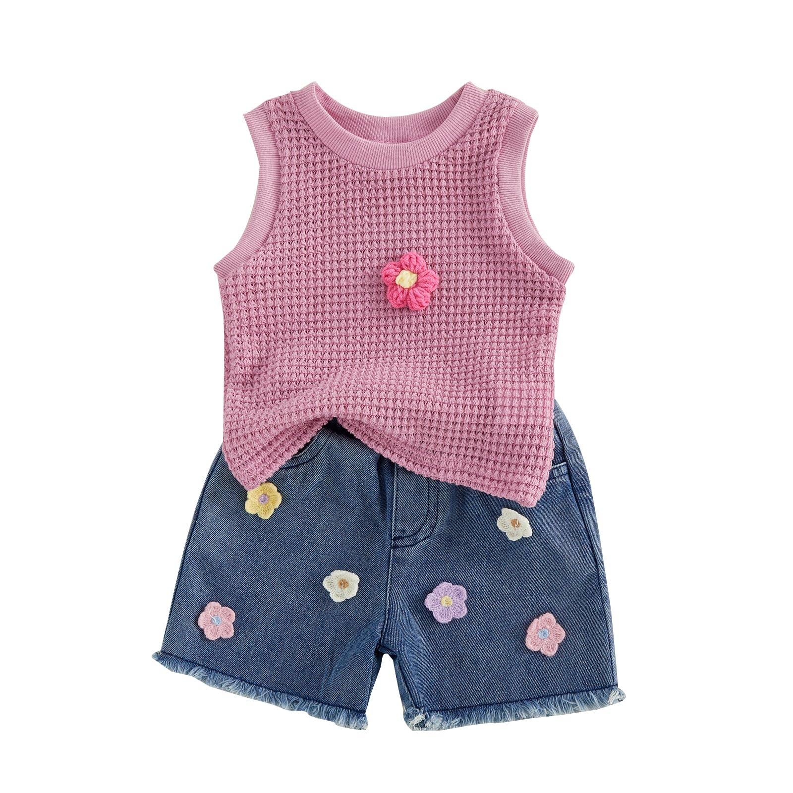 YINGISFITM Toddler Girl Clothes Baby Summer Waffle Knit Tank Top Sleeveless Shirt Jeans Shorts Floral Outfit Girls Clothing