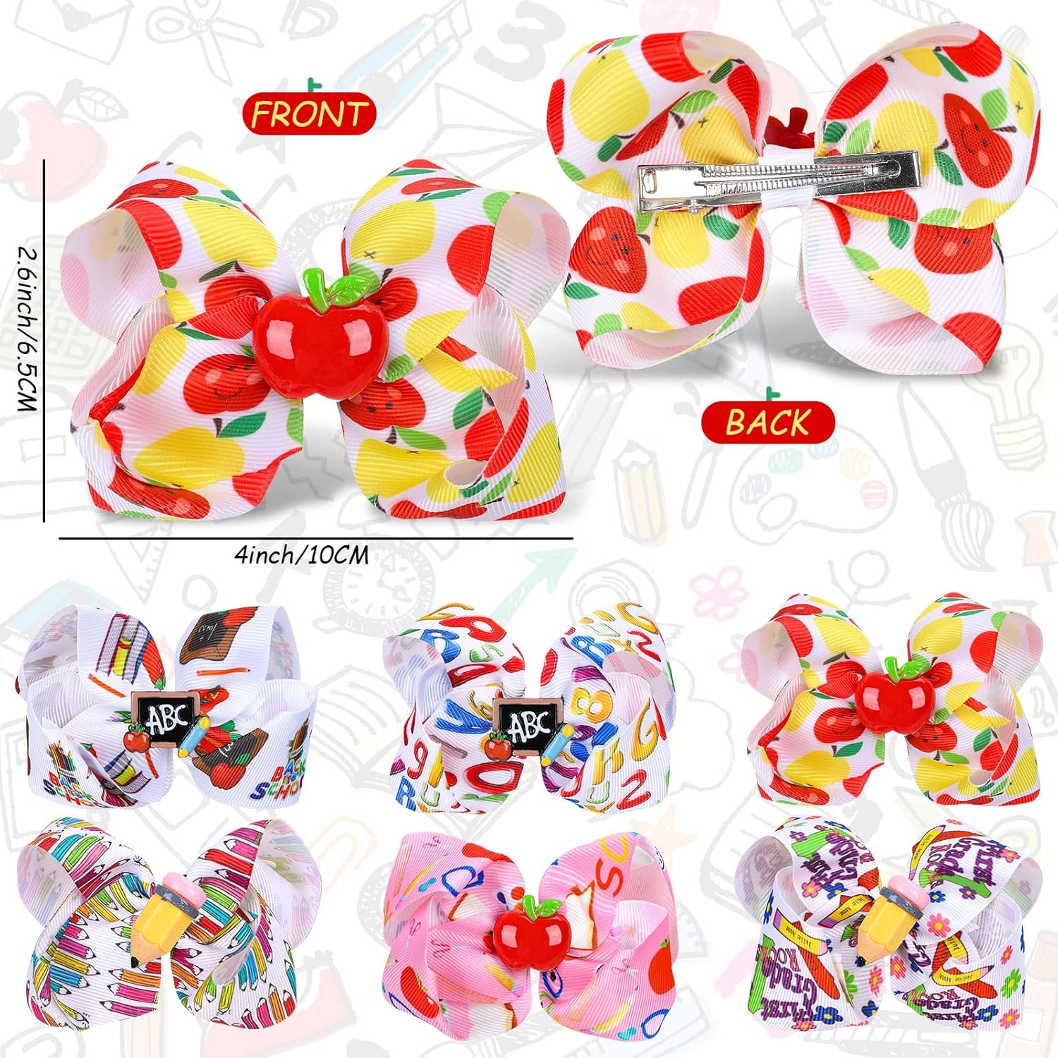 6Pcs Back to School Bow Hair Clips in Multi Color, Grosgrain Material, for Girls, Children, Teenagers, Hair Accessories