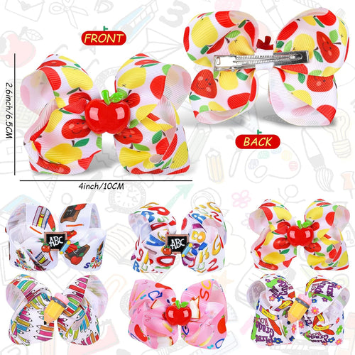 6Pcs Back to School Bow Hair Clips in Multi Color, Grosgrain Material, for Girls, Children, Teenagers, Hair Accessories