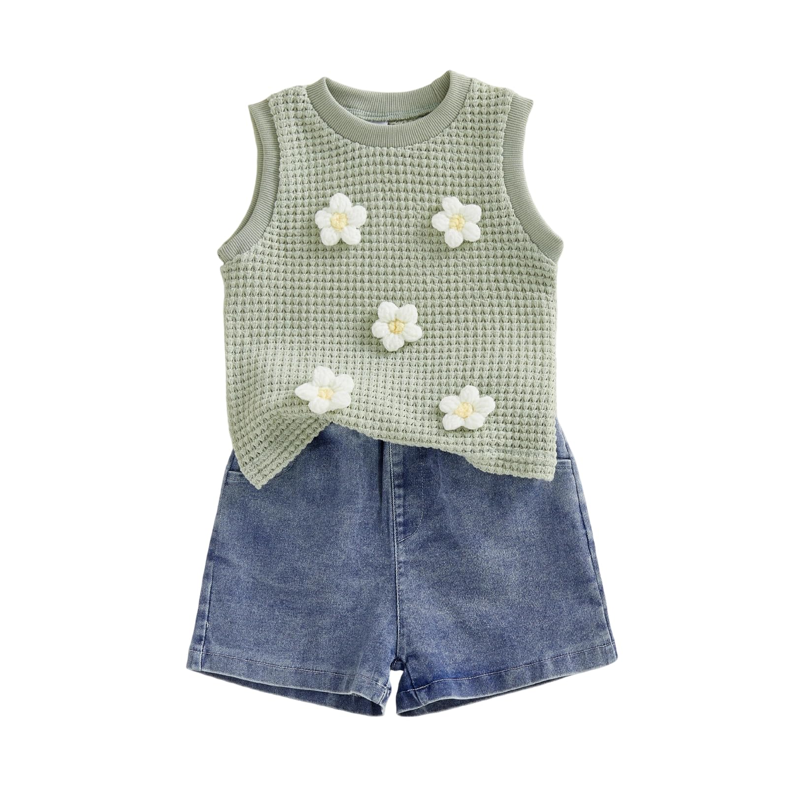YINGISFITM Toddler Girl Clothes Baby Summer Waffle Knit Tank Top Sleeveless Shirt Jeans Shorts Floral Outfit Girls Clothing
