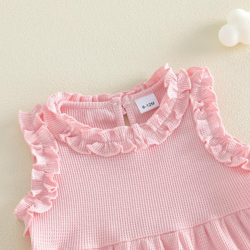 WZTYYDS Toddler Baby Girl Clothes Summer Sleeveless Ruffle Tops Buttons Shirt Shorts Set Waffle Knit Striped Outfit