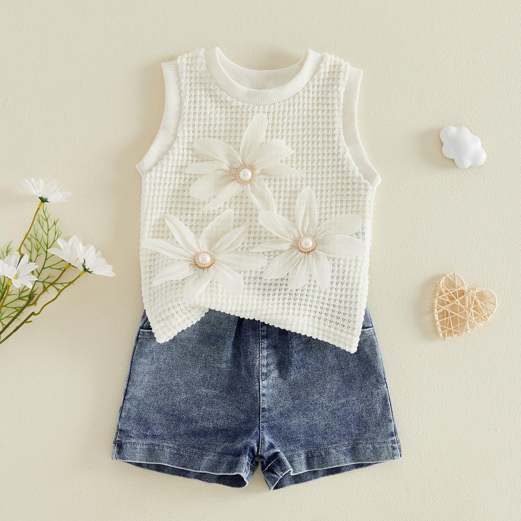 YINGISFITM Toddler Girl Clothes Baby Summer Waffle Knit Tank Top Sleeveless Shirt Jeans Shorts Floral Outfit Girls Clothing