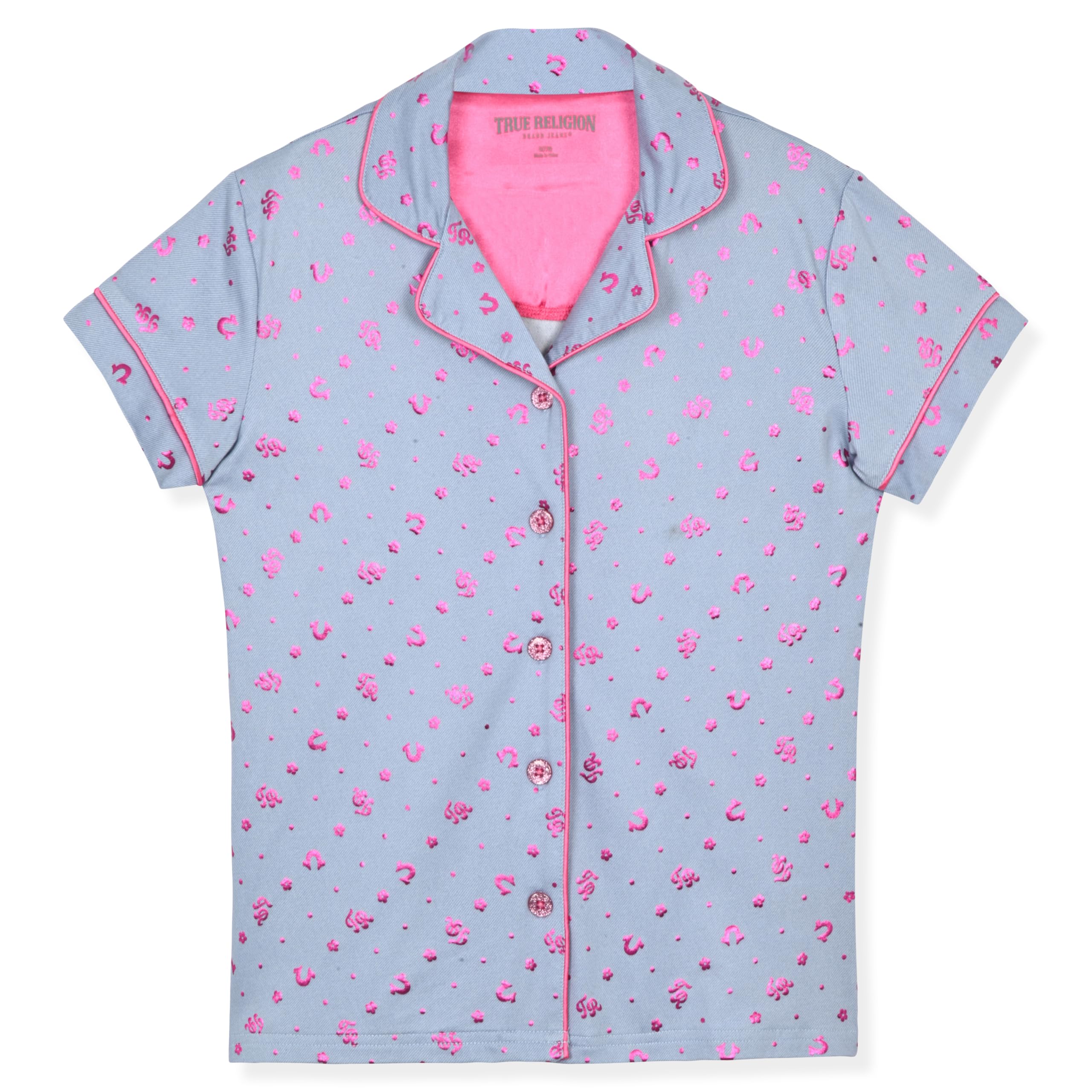 True Religion Girls Pajama Short Sets for Kids Button Front Short Sleeve Shirt and Sleepwear Shorts in Sizes 3T to 16