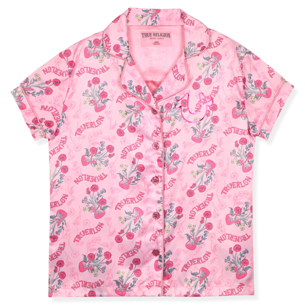 True Religion Girls Pajama Short Sets for Kids Button Front Short Sleeve Shirt and Sleepwear Shorts in Sizes 3T to 16